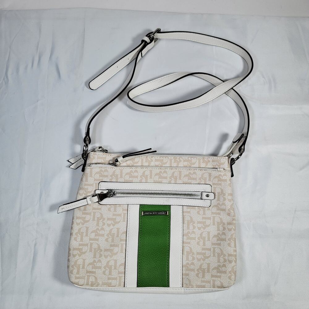 Dana Buchman Gracie White Monogram Crossbody Shoulder Bag Green Stripe Zip Purse
